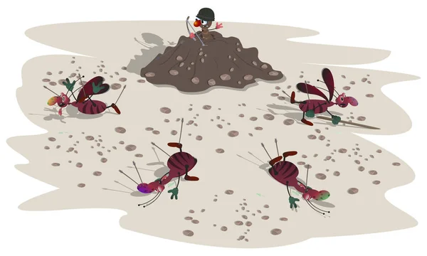 Gestreepte kakkerlakken vallen kleine mieren aan in een mierenhoop. De plaats van de strijd. Cartoon illustratie. — Stockvector
