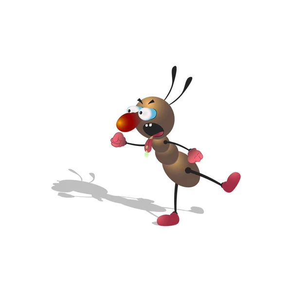 Mała kreskówkowa brązowa mrówka gwałtownie gestykuluje i pokazuje pięść. Odizolowany na białym tle z cieniem. — Wektor stockowy