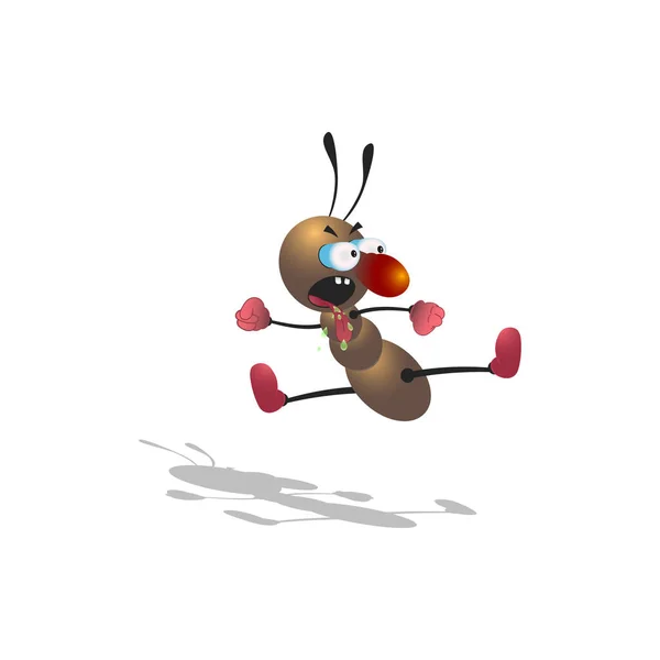 Liten tecknad brun myra hoppar och slåss i stil med kampsport. Isolerad på en vit bakgrund med en skugga. — Stock vektor