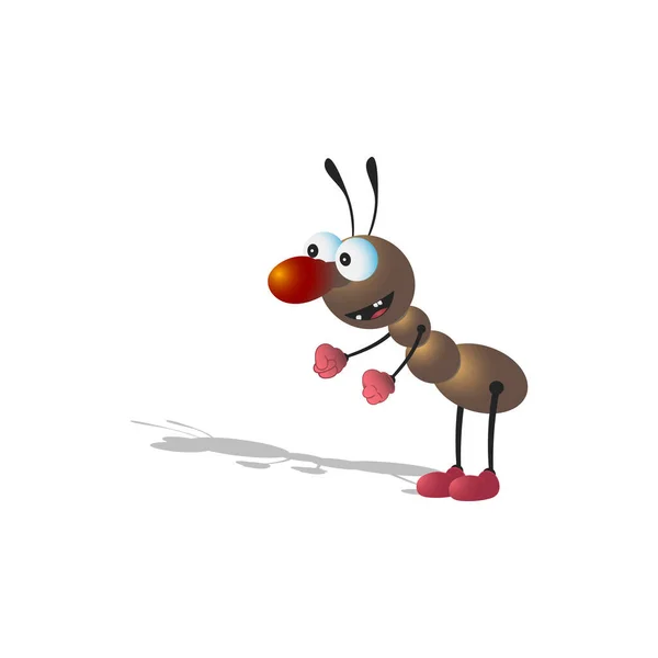 En liten tecknad brun myra står hukad och ler. Isolerad på en vit bakgrund med en skugga. — Stock vektor