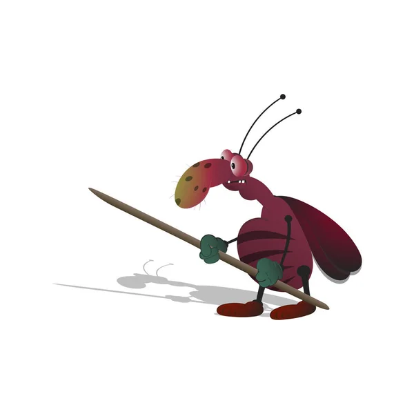 Divertida cucaracha de dibujos animados armados con un palillo. Ilustración aislada sobre fondo blanco con sombra . — Vector de stock