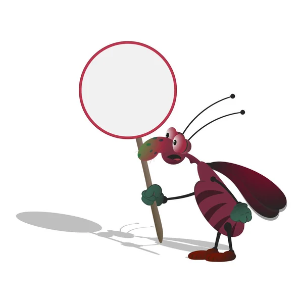 Una delgada cucaracha de rayas de dibujos animados con ojos saltones sostiene un signo redondo vacío en su mano. Ilustración aislada sobre fondo blanco con sombra . — Vector de stock
