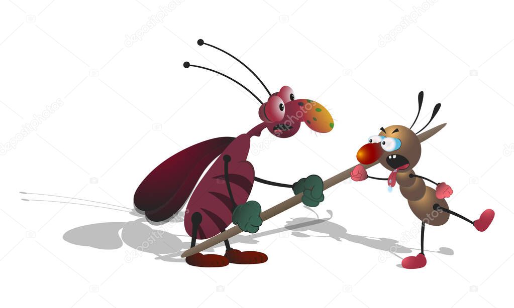 Cartoon skinny striped cockroach pokes a toothpick into a small ant. Isolated illustration on a white background with a shadow.