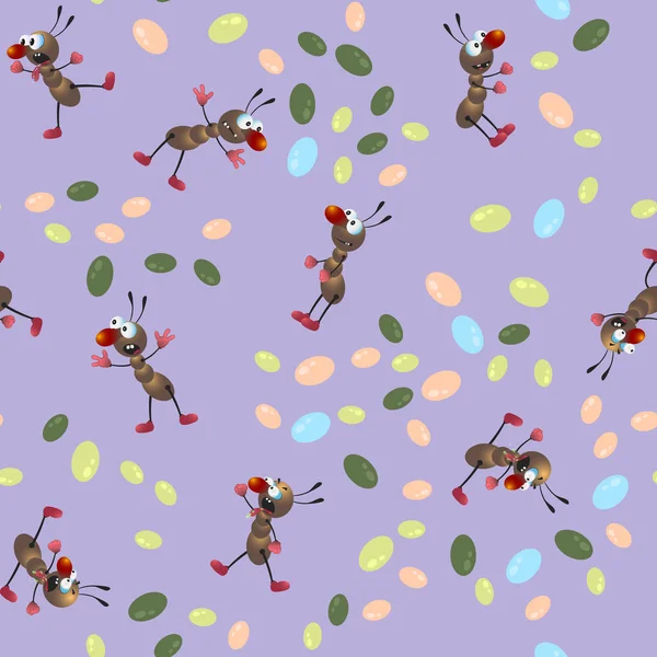 Pequenas formigas engraçadas e ovos coloridos. Repetindo padrões sem costura no estilo caricatura dos desenhos animados. Ilustração vetorial . — Vetor de Stock
