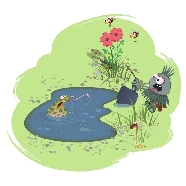 渔夫抓住了一只浓密的斑斑蛤蟆。 在池塘边钓鱼 彩色背景上的矢量图。 卡通漫画；漫画. — 图库矢量图片