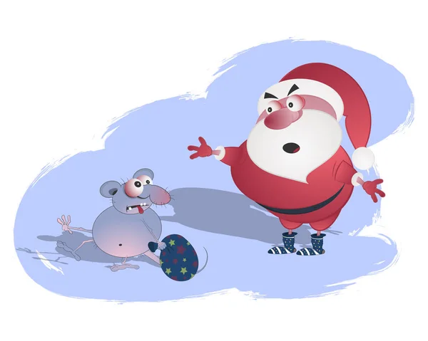 Pequeño ratón gordo roba una bolsa de regalos de Santa Claus. Ilustración vectorial sobre un fondo estilizado de color. Caricatura de dibujos animados sobre el tema del Año Nuevo y la Navidad . — Vector de stock