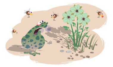 Kalın benekli bir kurbağa oburluktan dolayı hazımsızlık çeker. Renkli bir arkaplanda vektör illüstrasyonu.