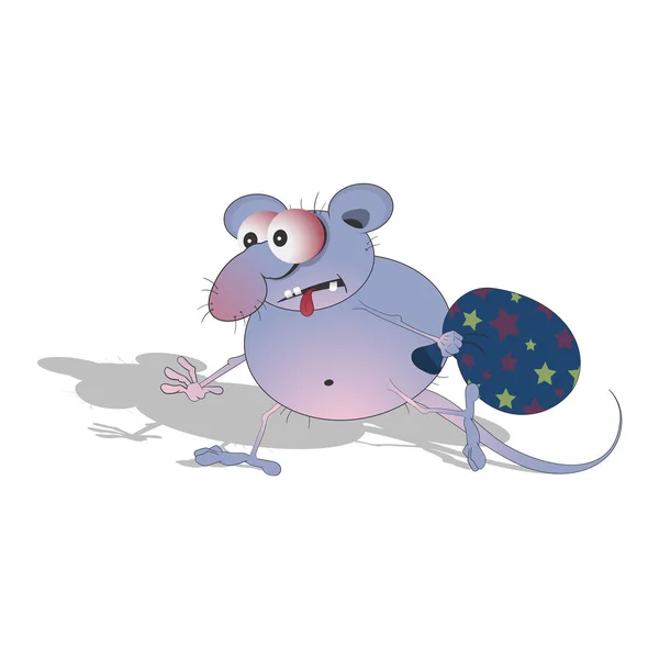 Um pequeno rato gordo carrega um saco de presentes. Ilustração vetorial sobre fundo branco. Caricatura dos desenhos animados sobre o tema do ano novo . —  Vetores de Stock