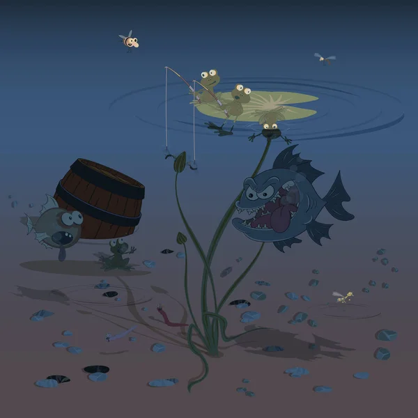 Tres pequeñas ranas están pescando en un estanque sentado en un nenúfar. Ilustración vectorial para tarjetas, carteles y libros infantiles . — Archivo Imágenes Vectoriales