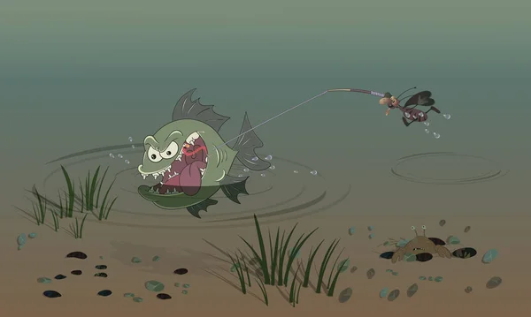 Hamamböceği avı. Doğa ve su yaşamının temasını anlatan bir sahne. Kartlar, posterler ve çocuk kitapları için vektör illüstrasyonu.