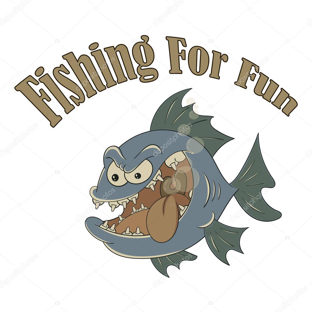Big toothy fish. Vector banner on the theme of fishing with the inscription on a white isolated background