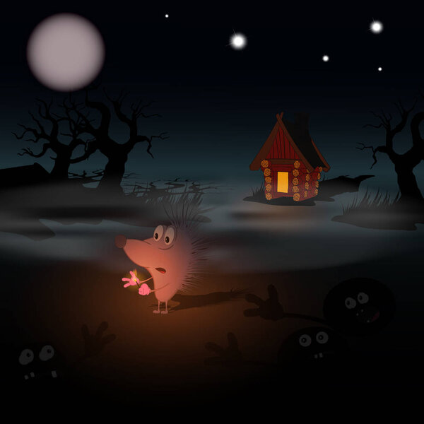 Ежик в тумане со спичкой в темноте на болоте среди страшных историй. Векторная иллюстрация
