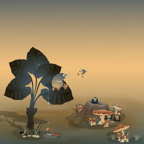 Büyük yapraklı, mantarlı ve böcekli yeşil tropikal bitki. Yağmur sonrası sabah ormanda. Vektör illüstrasyonu.