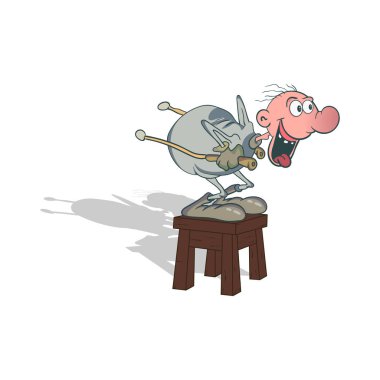 Kayak sopalı komik bir adam tabureye çıkıp dağdan kayak yaptığını hayal eder. Beyaz arkaplan ile vektör illüstrasyonu.