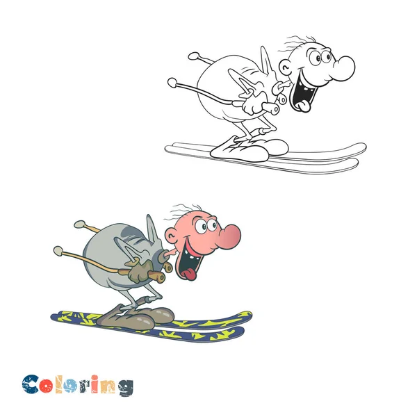 Esquiador masculino engraçado é esquiar. Ilustração vetorial para colorir com ilustração colorida . — Vetor de Stock