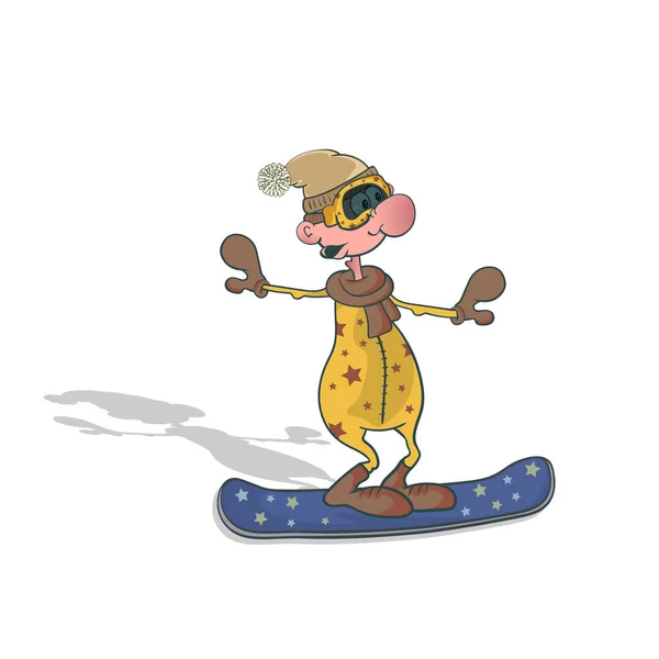 Rajzfilm vicces snowboardos. Vektor illusztráció fehér háttérrel és árnyékkal. — Stock Vector