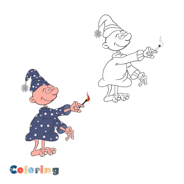 Uyurgezer çizgi film karakteri elinde yanan bir kibrit tutuyor. Vektör illüstrasyonu.