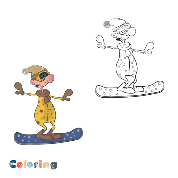 Um boneco de snowboard engraçado. Ilustração vetorial para colorir com ilustração colorida . — Vetor de Stock