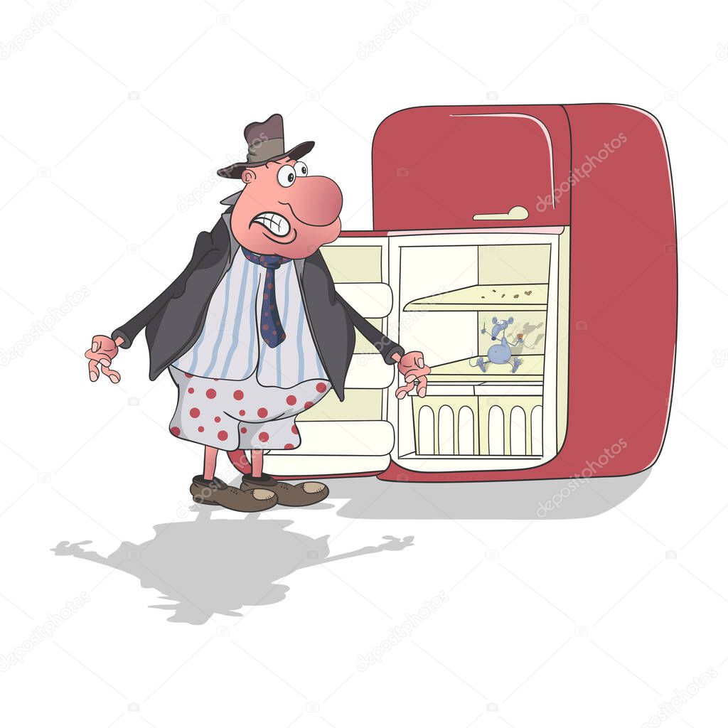 A cartoon man in underpants and an absurd business suit with a tie and hat is standing near the empty refrigerator in which the mouse sits.