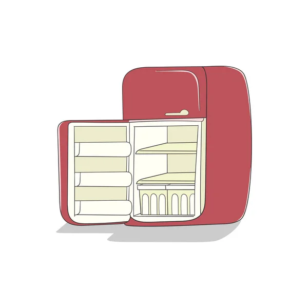 Kulkas warna merah kosong dengan pintu yang terbuka. Ilustrasi vektor dalam gaya kartun . - Stok Vektor