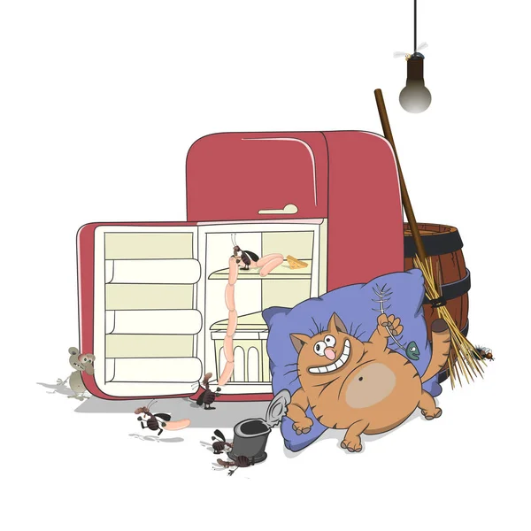Dibujos animados gato perezoso grasa se encuentra en una almohada cerca de la nevera en la cocina y come pescado. ilustración vectorial aislada sobre fondo blanco . — Vector de stock