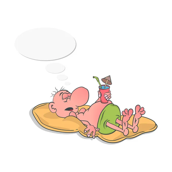 Çizgi filmdeki adam şişme yatakta uyuyor ve elinde plaj kokteyli tutuyor. Vektör illüstrasyonu.