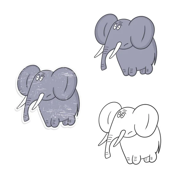 Elefante dos desenhos animados. Ilustração vetorial na forma de adesivos e coloração com exemplo de cor . — Vetor de Stock