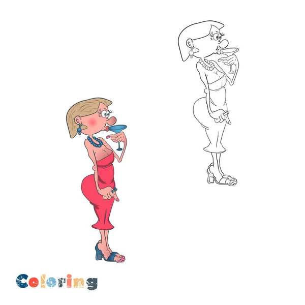 Uma mulher dos desenhos animados em um vestido vermelho está de pé e bebendo álcool de um copo. Ilustração vetorial na forma de coloração e exemplo de cor . — Vetor de Stock