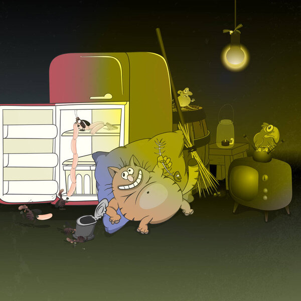 Мультфильм толстый ленивый кот лежит ночью на подушке возле холодильника на кухне и ест рыбу. векторная иллюстрация
.