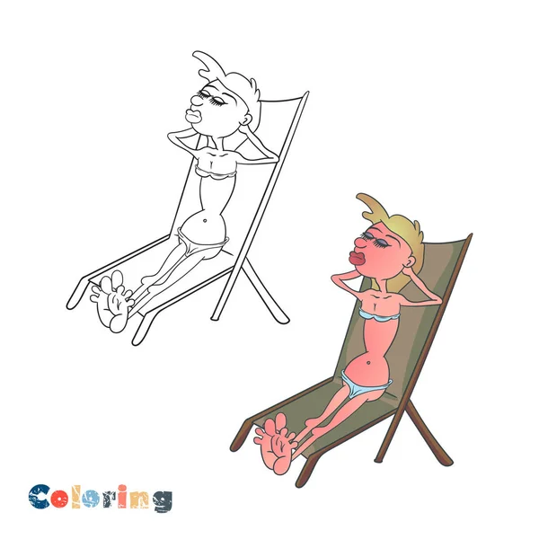 Uma mulher dos desenhos animados está tomando sol em uma cadeira de praia. Ilustração vetorial na forma de coloração e exemplo de cor . —  Vetores de Stock