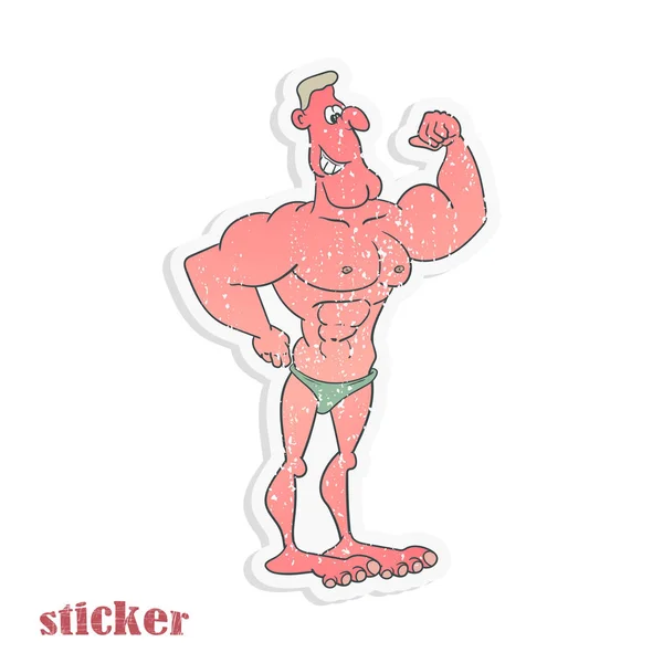 A cartoon male bodybuilder stands in beach swimming trunks and shows his biceps. Vector illustration in the form of a retro sticker. — Stock Vector