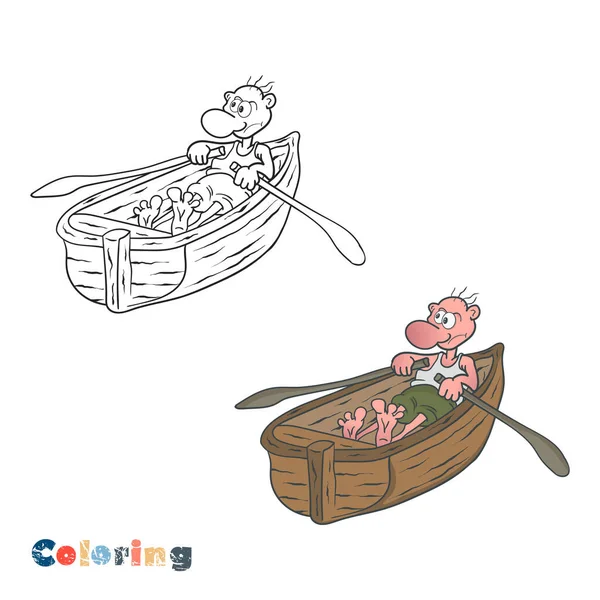 Um homem dos desenhos animados a navegar num barco de madeira. Ilustração vetorial para colorir e exemplo de cor . —  Vetores de Stock