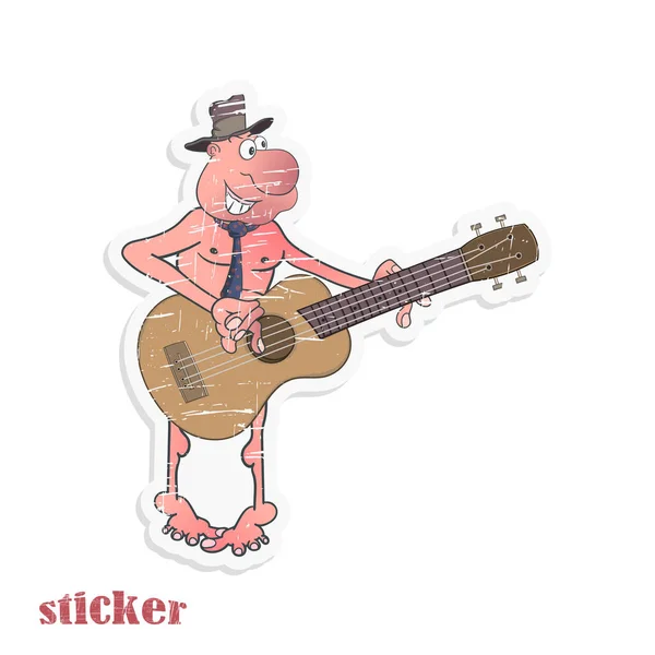 Cartoon ontkleed man met een hoed en stropdas speelt de gitaar. Vector illustratie in de vorm van een retro sticker. — Stockvector