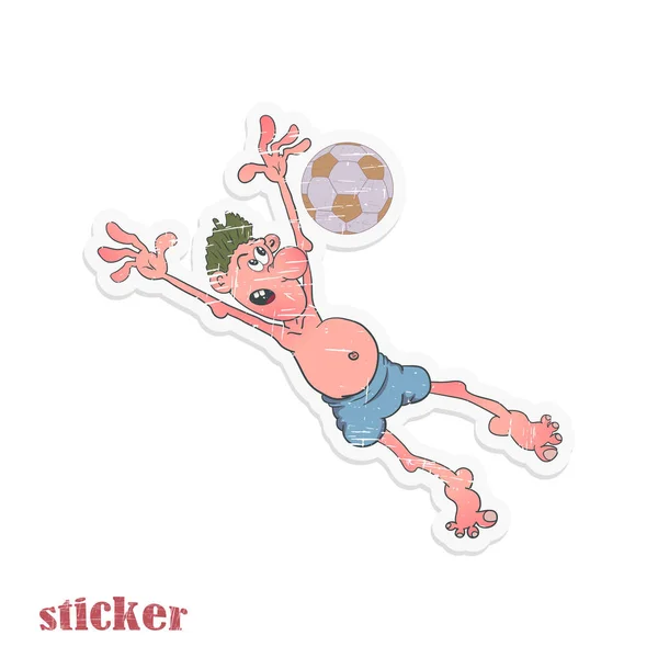 Karikatura brankář chytí fotbalový míč. Vektorová ilustrace ve formě retro samolepky. — Stockový vektor