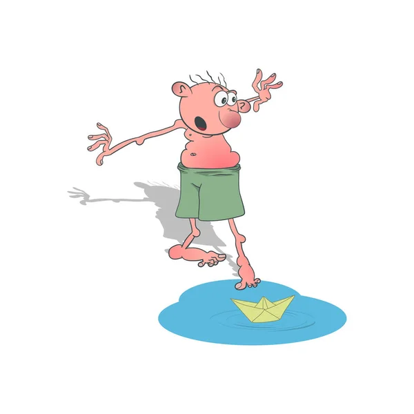 Um rapaz dos desenhos animados de calções está a tentar tirar um barco de papel de uma poça. Ilustração vetorial . — Vetor de Stock
