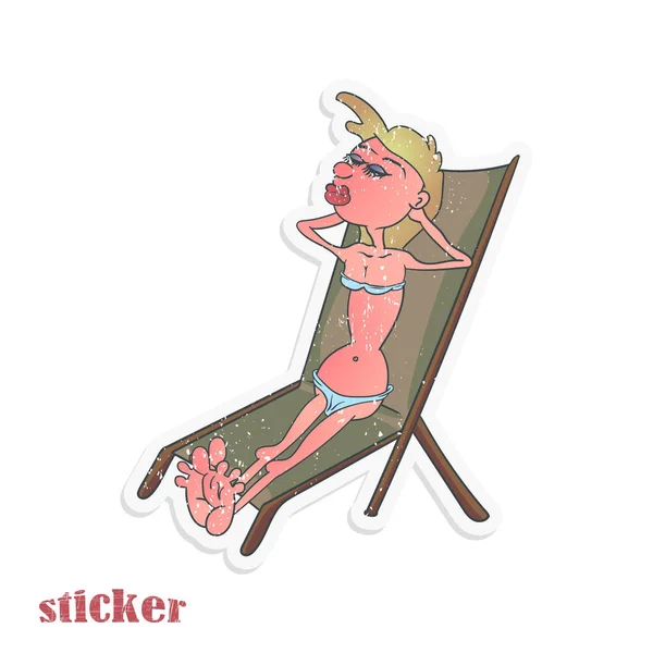 Uma mulher dos desenhos animados está tomando sol em uma cadeira de praia. Ilustração vetorial sob a forma de um adesivo esfarrapado . — Vetor de Stock