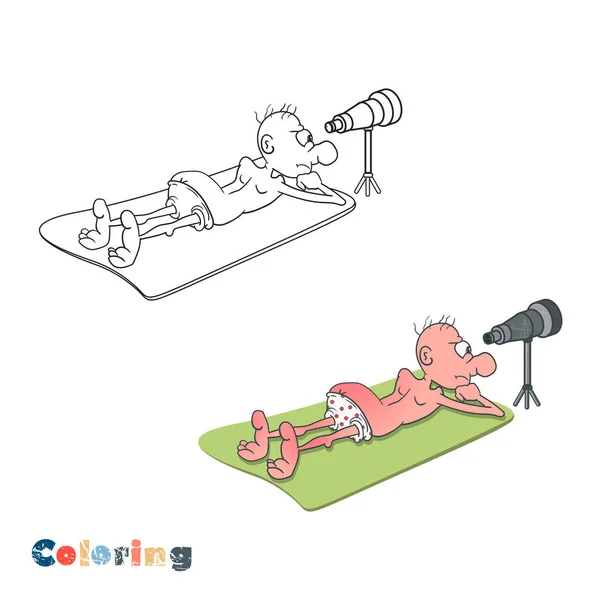 Um homem dos desenhos animados está deitado em um tapete de praia e está observando através de um telescópio. Ilustração vetorial na forma de coloração e exemplo de cor . — Vetor de Stock