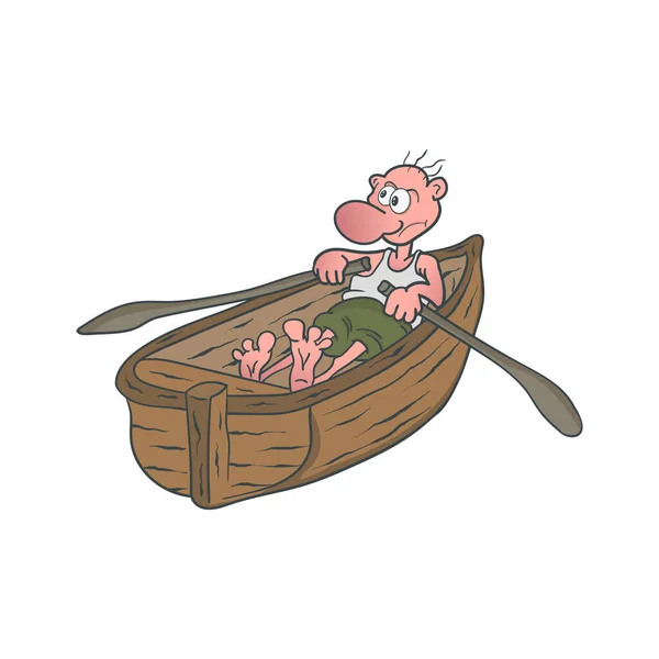 A cartoon man sailing on a wooden boat. Vector illustration. — 스톡 벡터