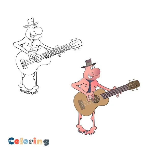 Çizgi filmdeki şapkalı ve kravatlı adam gitar çalıyor. Renk ve renk örneği biçiminde vektör illüstrasyonu. — Stok Vektör
