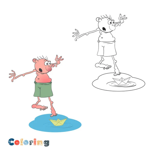 Um rapaz dos desenhos animados de calções está a tentar tirar um barco de papel de uma poça. Ilustração vetorial na forma de coloração e exemplo de cor . — Vetor de Stock
