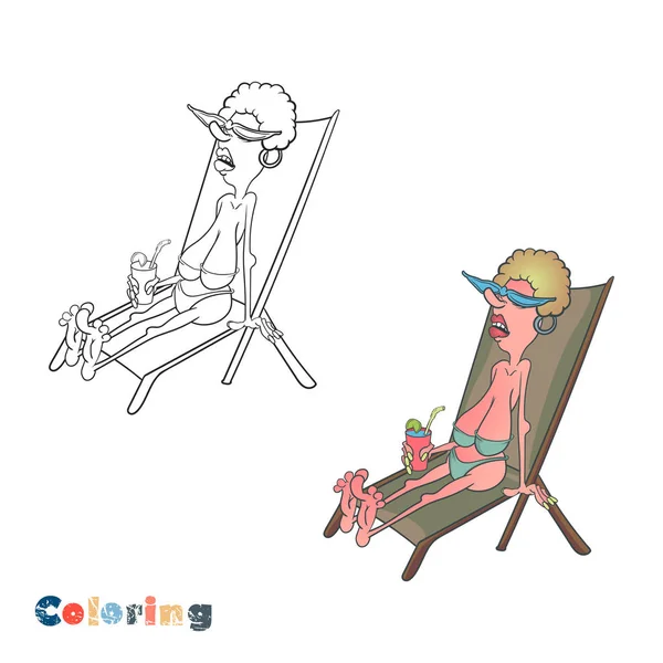 Güneş gözlüklü yaşlı bir çizgi film kadını iskemlede güneşleniyor. Renk ve renk örneği biçiminde vektör illüstrasyonu. — Stok Vektör