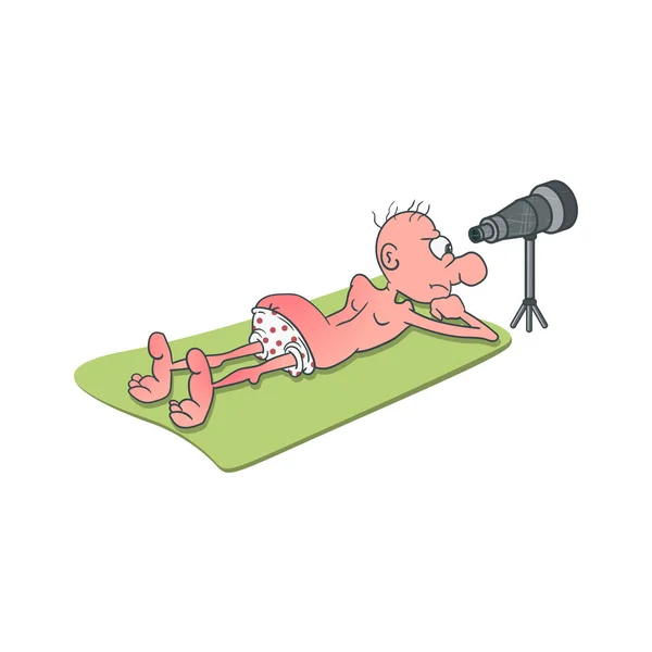 Un hombre de dibujos animados está acostado en una alfombra de playa y está observando a través de un telescopio. Ilustración vectorial . — Vector de stock