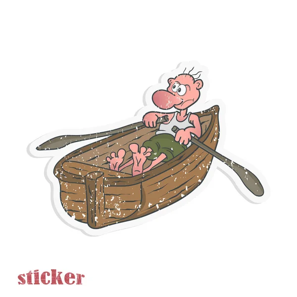 한 만화가 가 나무 배를 타고 항해하고 있습니다. 역 스티커 형태의 벡터 일러스트. — 스톡 벡터