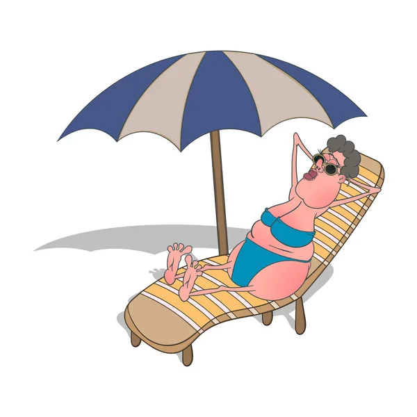 Senhora dos desenhos animados em um maiô está deitado em uma cadeira de praia sob um guarda-chuva. Ilustração vetorial . — Vetor de Stock
