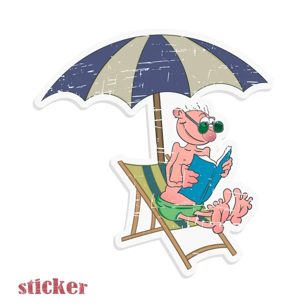 Un caricaturista está sentado en una silla de playa bajo un paraguas y leyendo un libro. Ilustración vectorial en forma de pegatina retro de mala calidad . — Vector de stock