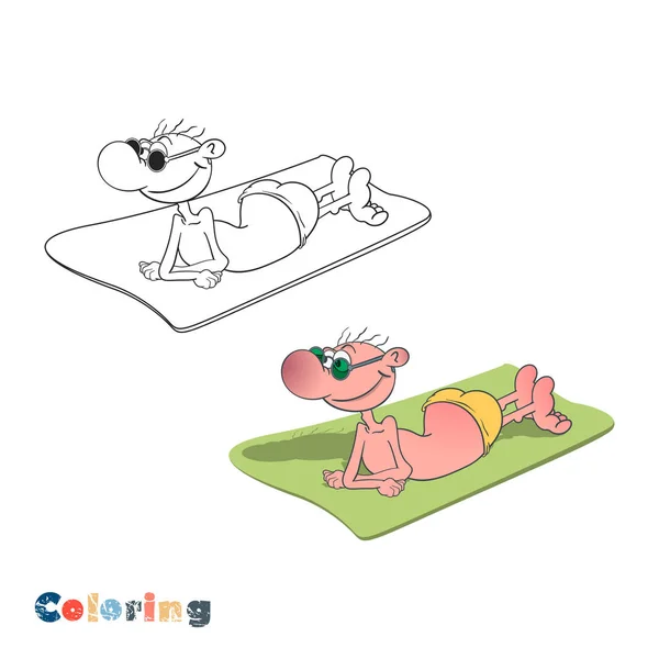 Homem dos desenhos animados banhos de sol em um tapete de praia. Ilustração vetorial na forma de coloração e exemplo de cor . — Vetor de Stock