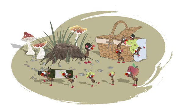 Çizgi film karıncaları piknik sepetinden yiyecek alıyor. Vektör illüstrasyonu. — Stok Vektör