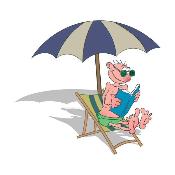 Egy rajzfilmfigura ül egy tengerparti széken egy esernyő alatt és könyvet olvas. Vektor illusztráció fehér alapon. — Stock Vector
