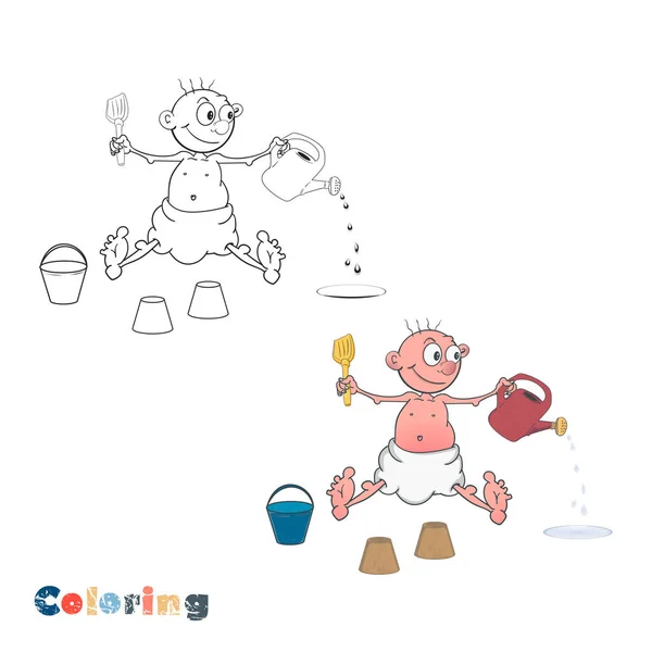 Um bebê de desenho animado em uma fralda brinca com um conjunto de areia. Ilustração vetorial na forma de coloração e exemplo de cor . —  Vetores de Stock