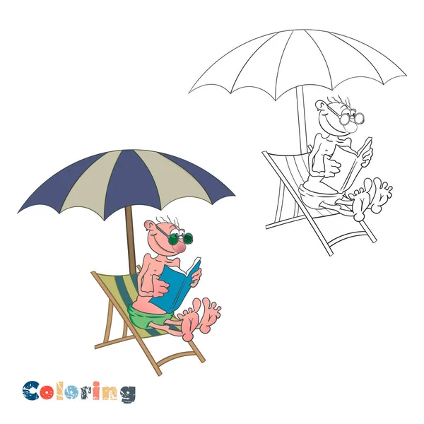 Um homem dos desenhos animados está sentado em uma cadeira de praia sob um guarda-chuva e lendo um livro. Ilustração vetorial na forma de coloração e exemplo de cor . — Vetor de Stock